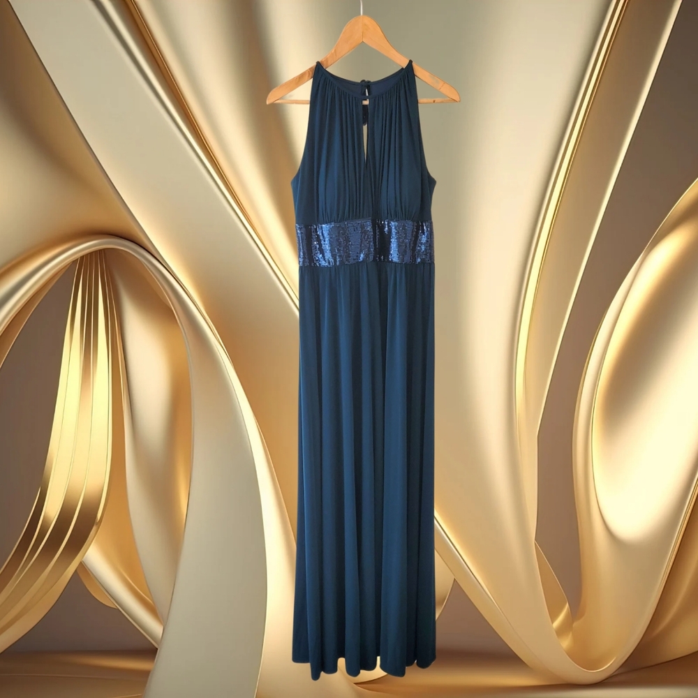 R&M Richards Dark Teal/Blue Sleeveless Halter Maxi Dress